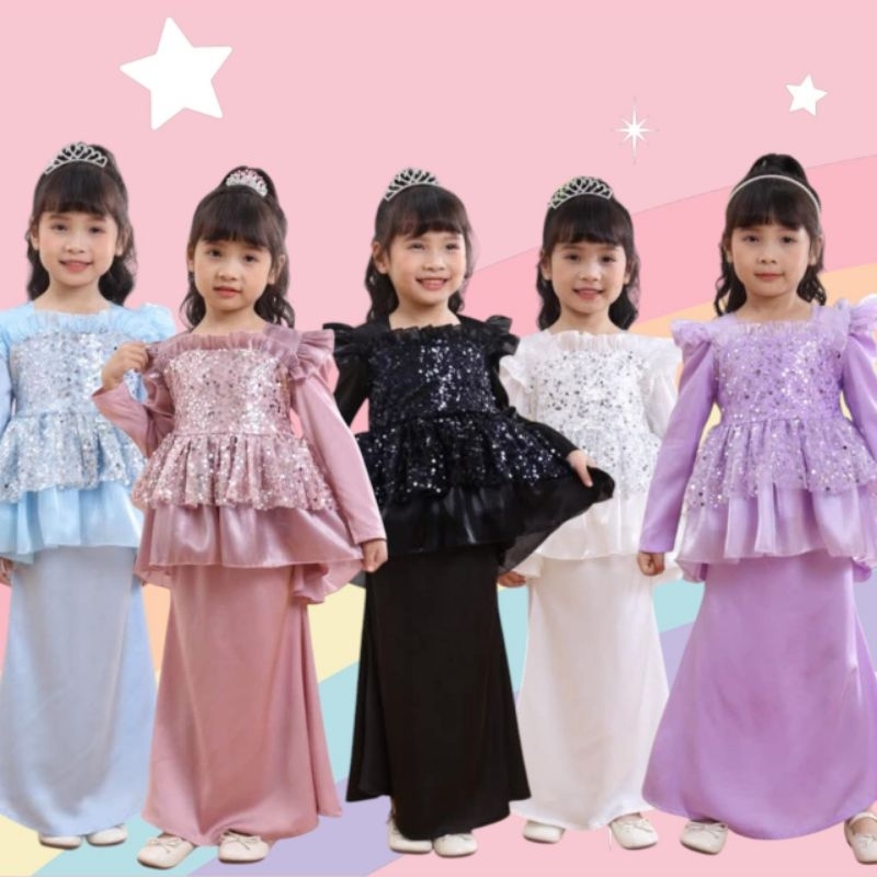 Baju Raya Rabia Peplum Lace Pearl Sequin Bracket Modern Baju Raya Girls Baju Sedondon Sister