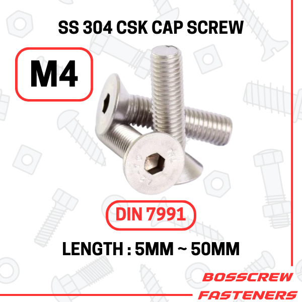 SS 304 CSK Cap Screw m4 x (5mm ~ 50mm) (Pitch 0.7mm) (เกลียวคอ/Benang Kasar) (Countersunk Allen Bolt