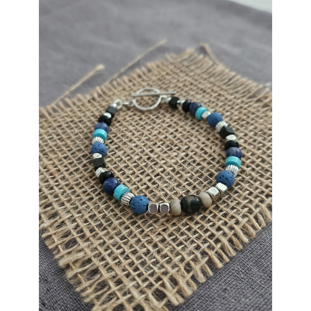 Blue Sodalite Volcanic Stone Black Onyx Turquoise Jasper Stone Bracelet 蓝石纹身火山 Black Monse Bluee松皇石手