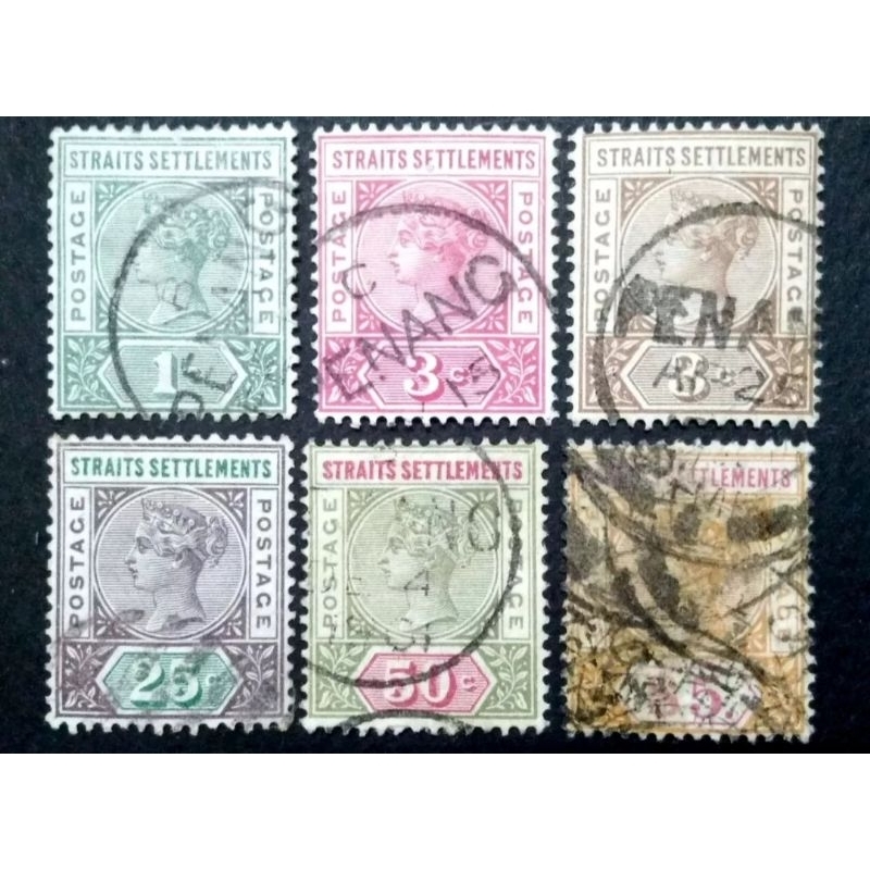 Straits Settlements 1892-99 Queen Victoria Wmk Crown CA ครบชุด - 6 ชิ้น Used Old Malaya Stamp / Sete