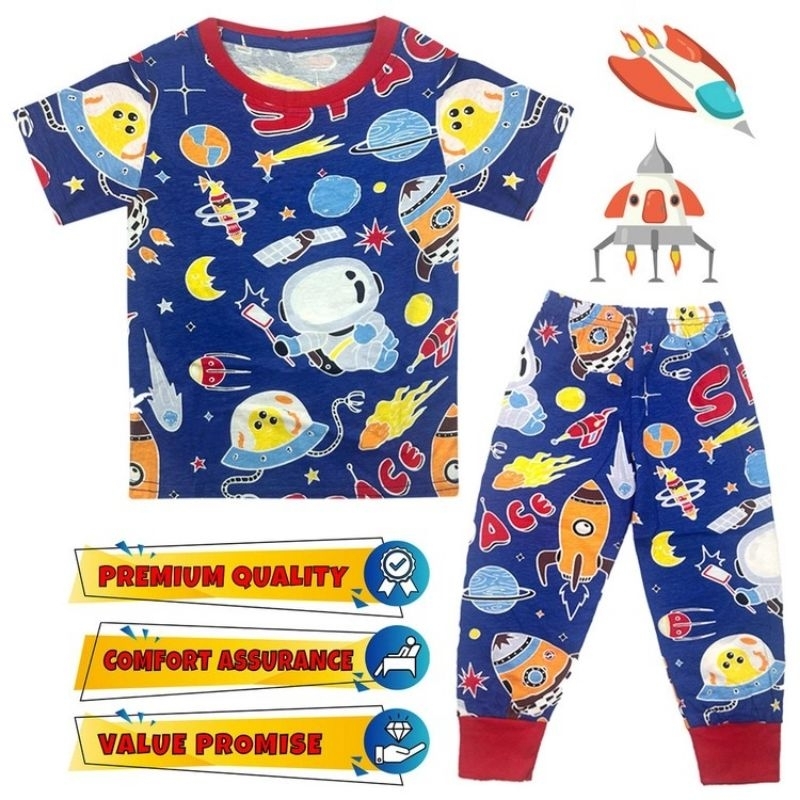 BAJU TIDUR/ SLEEPWEAR/ PIJAMA: (3M-12Y) FM Blue OUTER SPACE SEDON Full Cotton Kids Boy Boy Boy