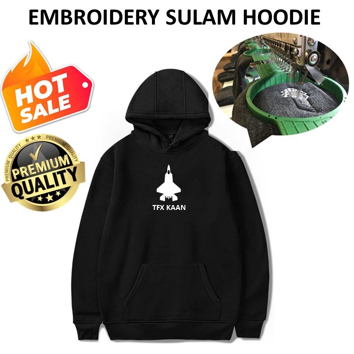 EMBROIDERY SULAM TFX KAAN FIGHTER JET SILHOUETTE TACTICAL HOODIE SWEATSHIRT SWETER PULLOVER สีดํา