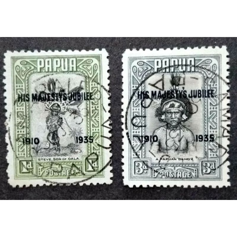 Papua 1935 Overprint King George VI Silver Jubilee Loose Set - แสตมป์มือสอง 2 ชิ้น / Setem