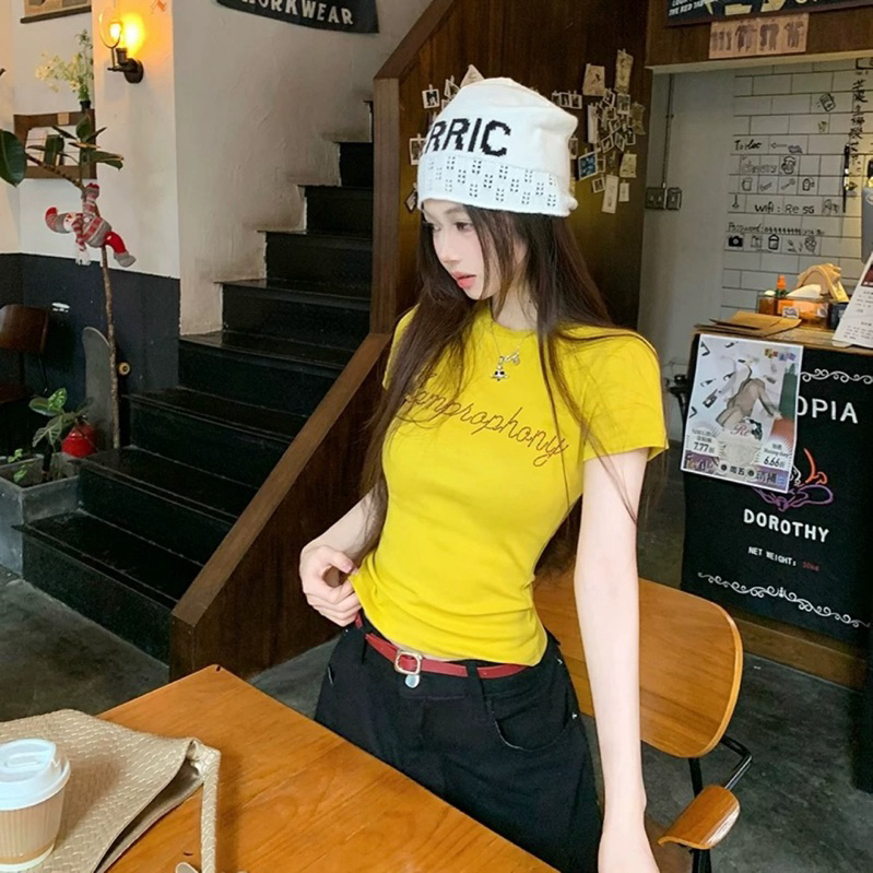 Jollynn Cotton Round Neck Short Sleeve Top T-shirt 百纯棉字母钻领圆短袖短袖上衣เสื้อยืด
