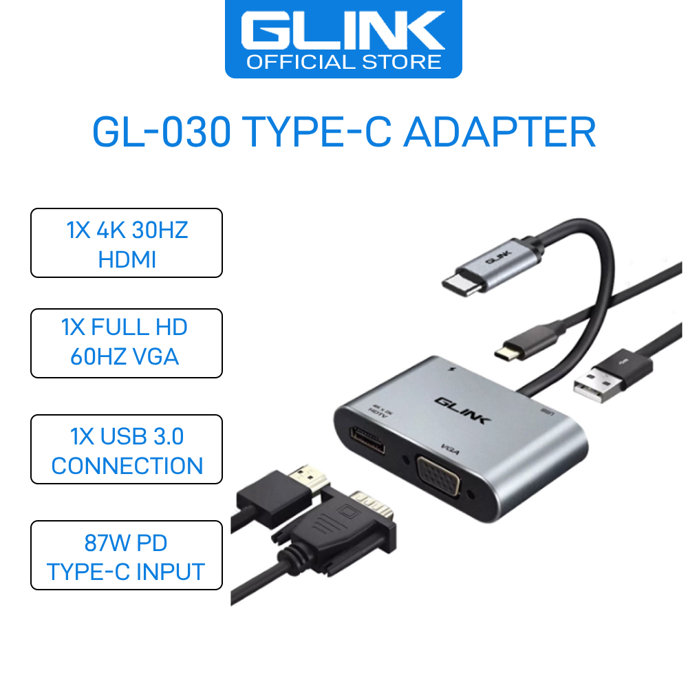GLINK(GL-030)-4 IN 1 TYPE-C TO DUAL DISPLAY VGA+HDMI EXTEND & MIRROR พร้อม USB 3.0/PD TPYE-C 87W