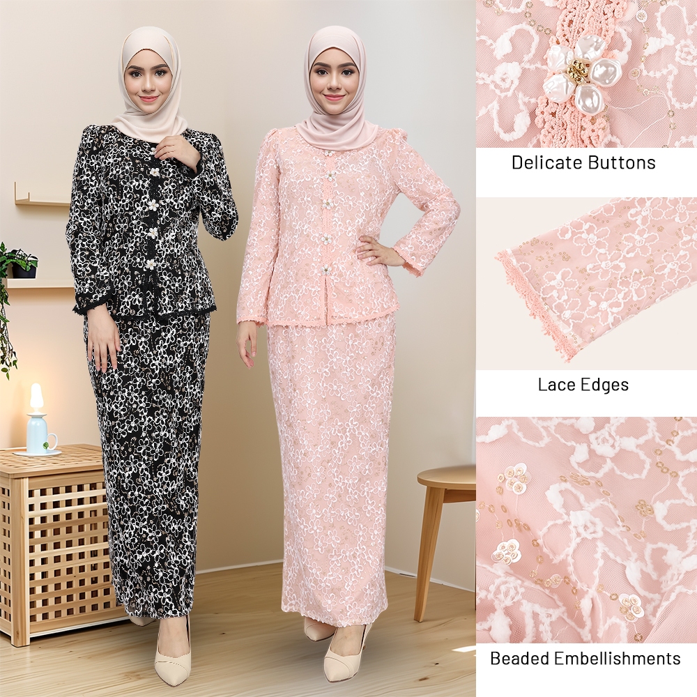 Baju Kurung Moden สีดําแขนยาวลูกไม้ Trim จีบ Kurung Sedon เพื่อนเจ้าสาว Kurung Baju Raya Perempuan 2