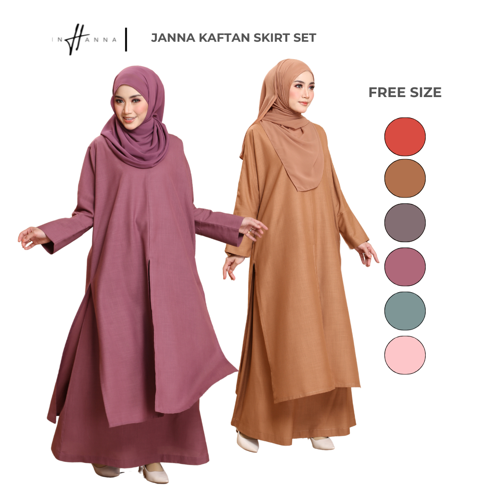 INHANNA Janna Kaftan กระโปรงผู้หญิงผ้าฝ้ายลินินชุดเสื้อผ้า Wanita