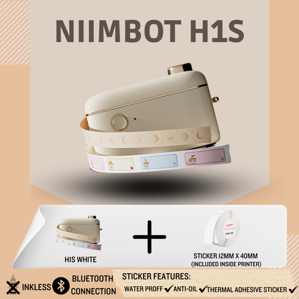 เครื่องพิมพ์ฉลาก Niimbot H1S | เครื่องไร้หมึกความร้อนมือถือแบบพกพา | ฟรีสติ๊กเกอร์ 1 ม้วน