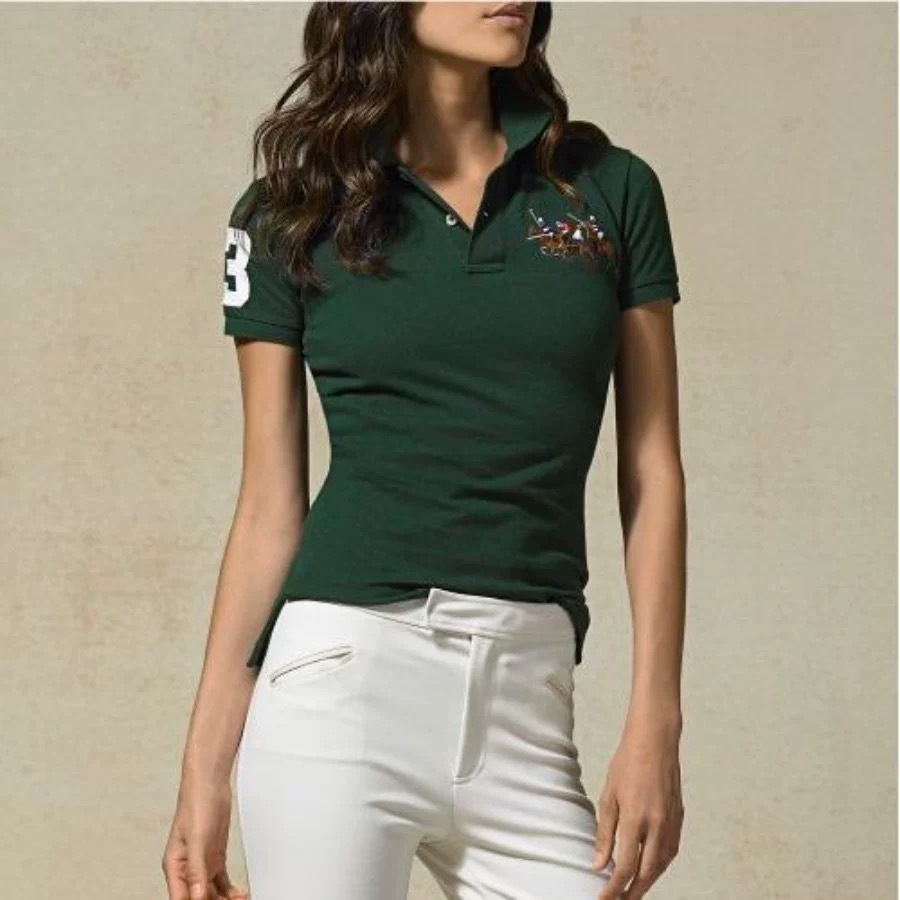 Ralph Lauren เสื้อโปโลผู้หญิงแฟชั่นผ้าฝ้ายปักปกผู้หญิงครึ่งแขนเสื้อยืด Baju Polo Wanita RL
