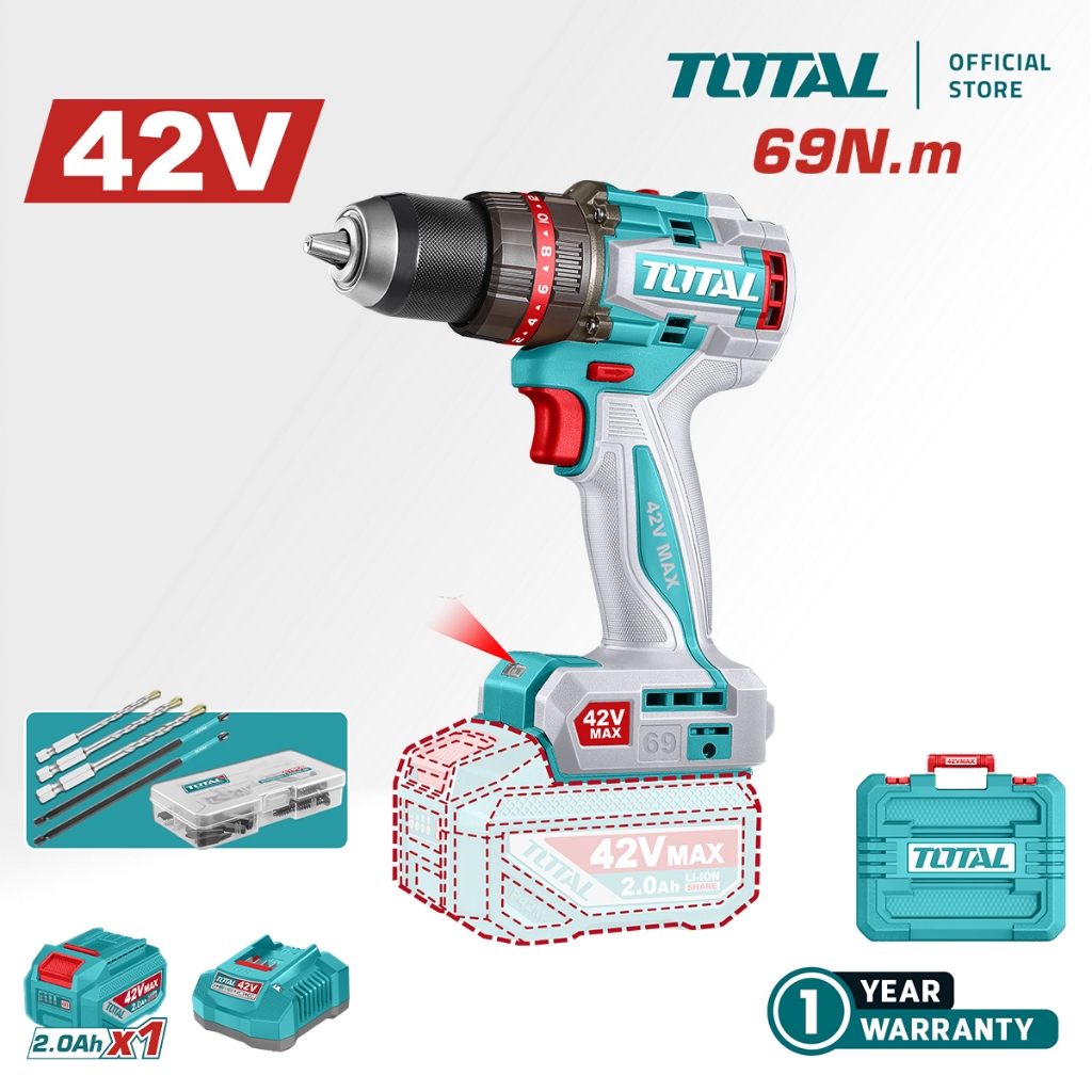 TOTAL Li-ion Cordless Compact สว่านกระแทกแบบไม่มีแปรง (69Nm) หัวจับโลหะ + ดอกสว่าน P42M 42V TIDLI426