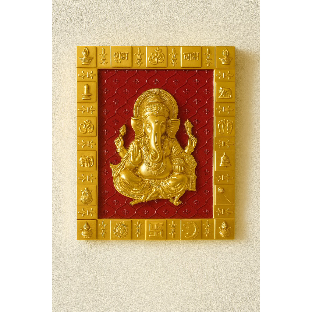สีทองพระพิฆเนศกรอบผนัง Ganpati Ji ตกแต่งแขวน ปาง  . กรอบ Om Swastik
