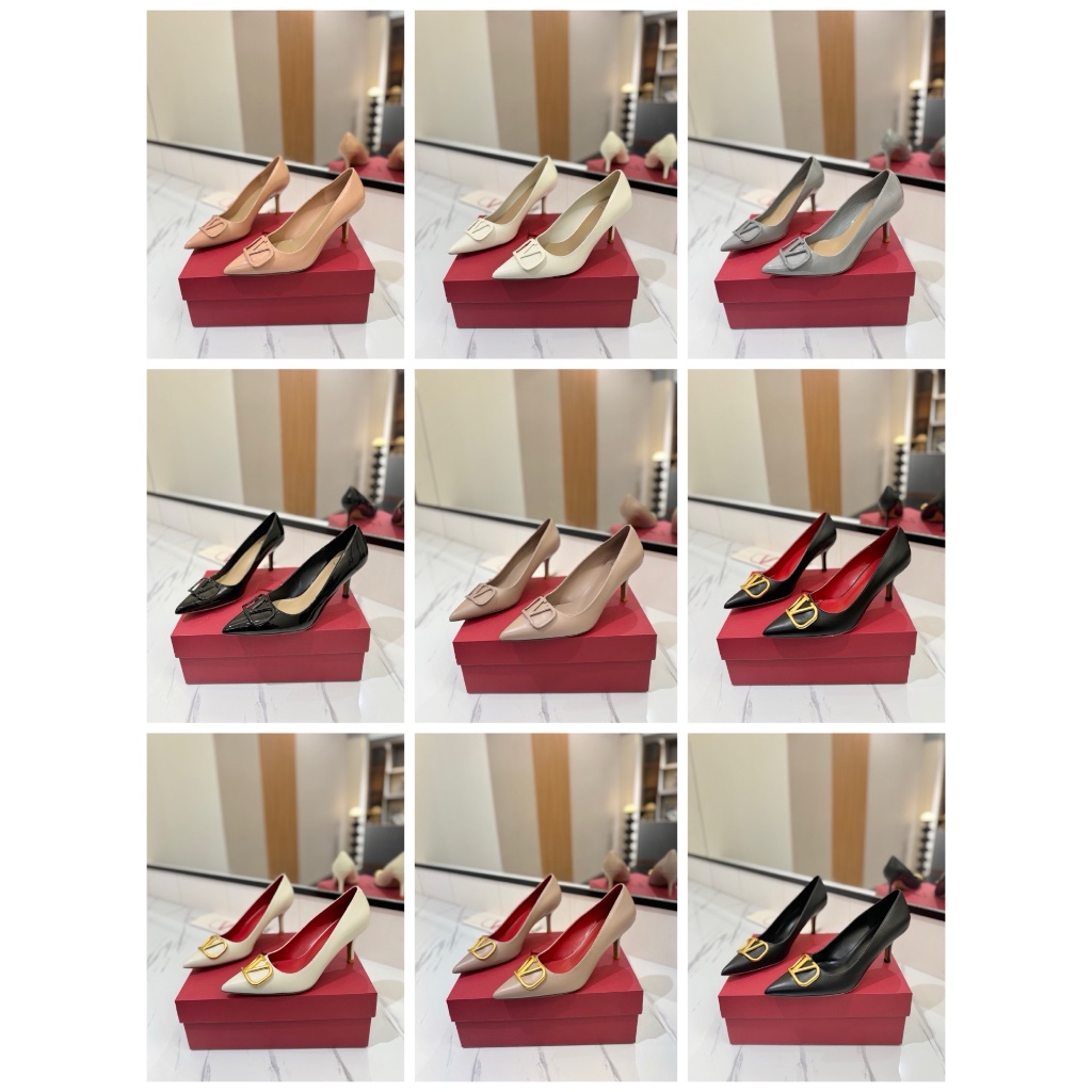 Kasut perempuan VLTN สีดําพร้อมหัวเข็มขัดโลโก้รองเท้าส้นสูง 7.5 ซม.ผู้หญิง