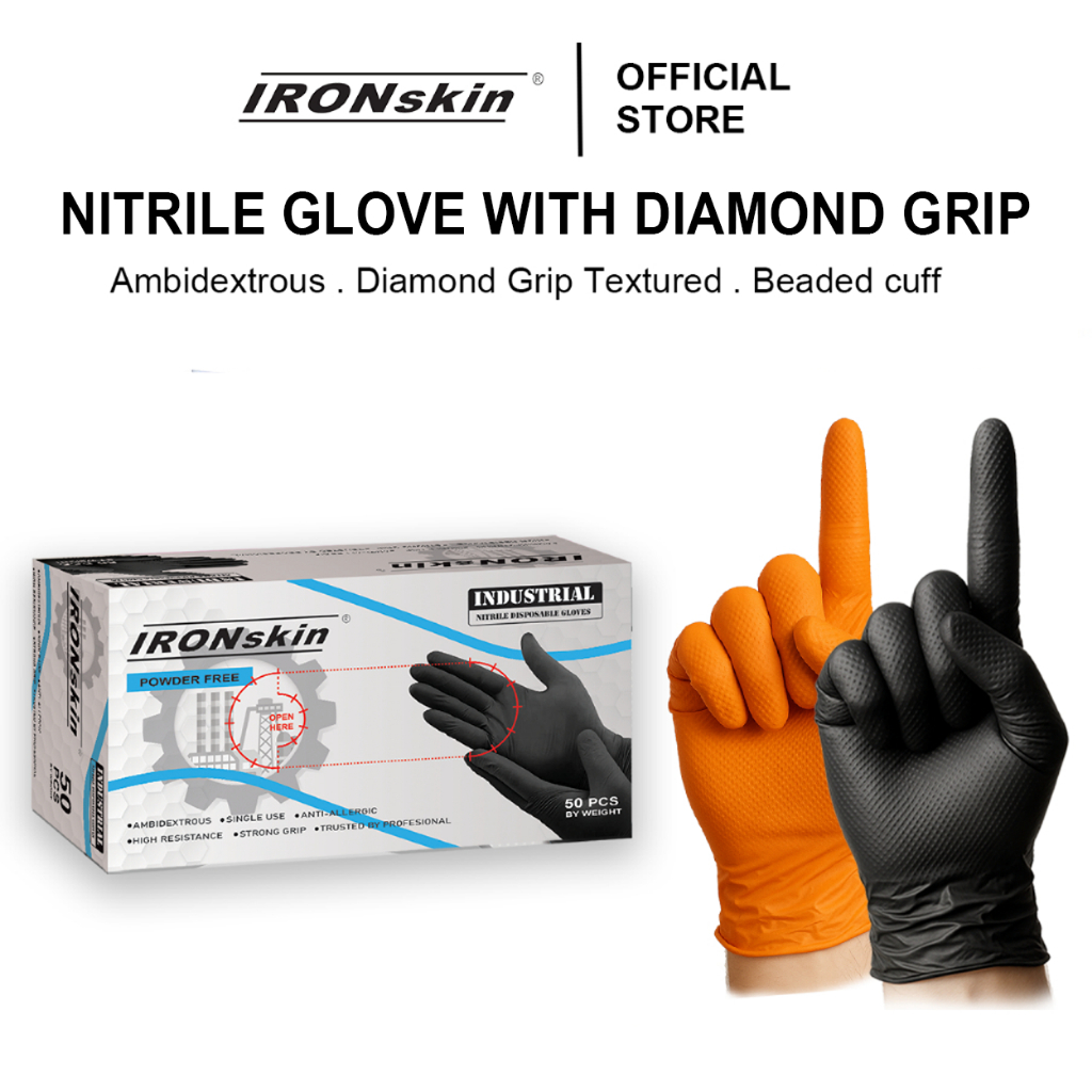 IRONskin ถุงมือไนไตรล์ Diamond Grip ทิ้งสีดําสีส้มผงฟรี M7.7g 50 ชิ้น/กล่องถุงมือสีดํา