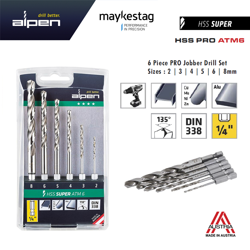 Alpen 6PCS(Metal) ชุดดอกสว่าน HSS Super ATM6 ก้าน Hex.