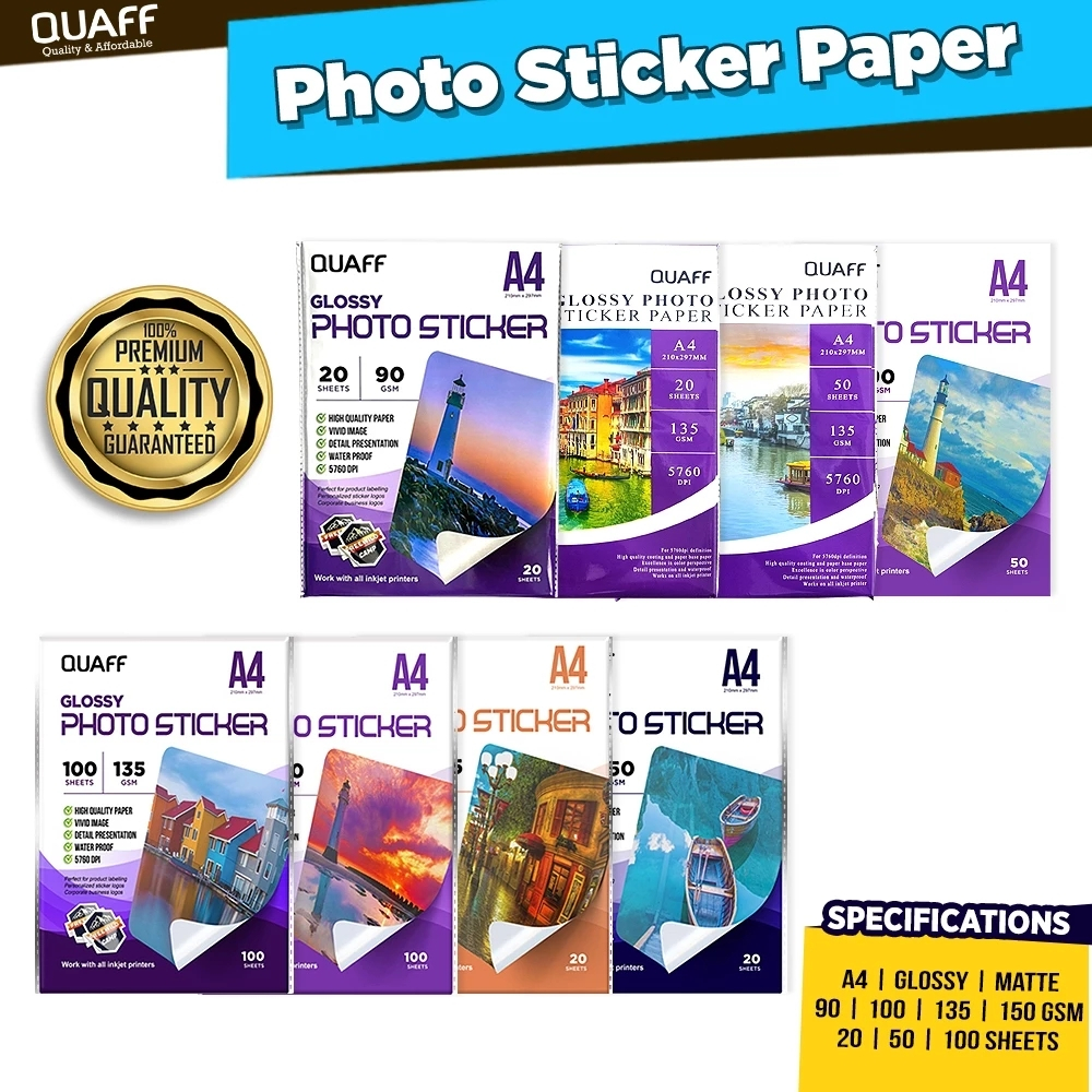 QUAFF Photo Sticker Glossy Inkjet Sticker A4/A3 ขนาด Inkjet Sticker กระดาษกาวตนเอง 90gsm/135gsm