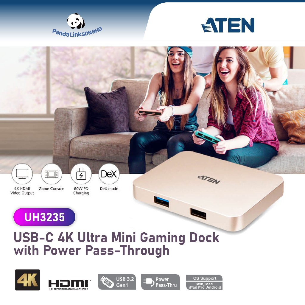 ATEN UH3235 USB-C 4K Ultra Mini Gaming Dock พร้อม Power Pass-through