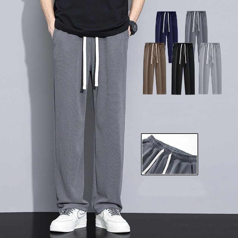 Mens Waffle-Knit Straight-Leg Joggers Lightweight Casual Streetwear กางเกง P817