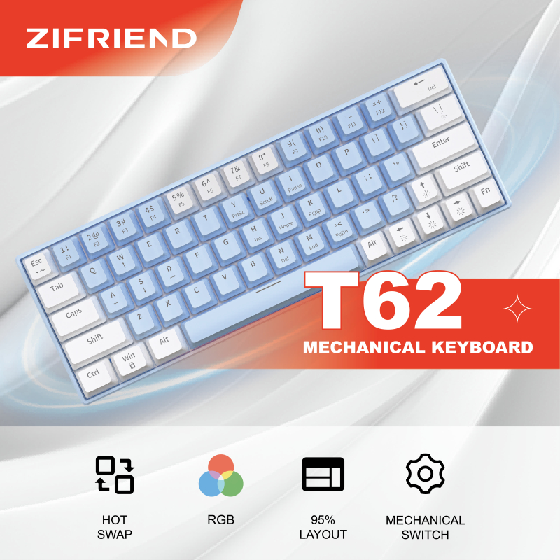 Zifriend T62 Gaming Mechanical Keyboard RGB 60% Layout Pluggable Wired DualColor PBT Keycaps
