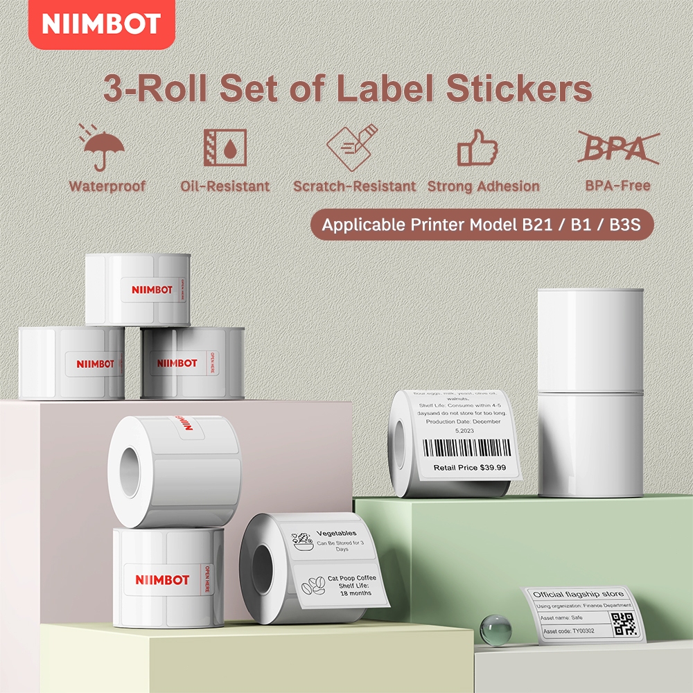 3 Rolls SetNIIMBOT B21/B1/B3S กระดาษฉลากความร้อนสีขาว ป้ายเสื้อผ้า รายชื่อราคา สติ๊กเกอร์อาหาร
