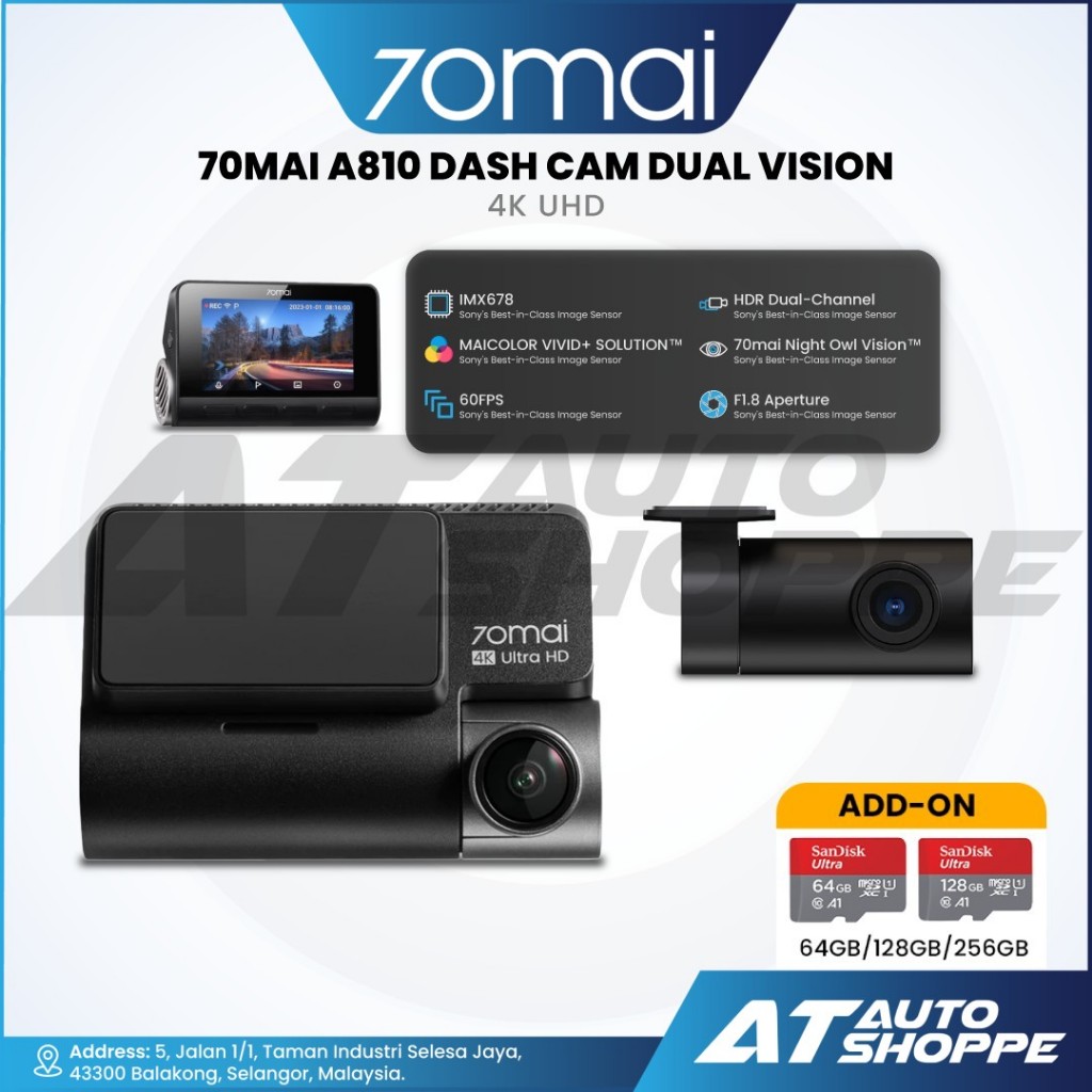 70MAI A810 4K DASH CAM DUAL VISION CAR RECORDER WITH GPS ADAS, SONY STARVIS 2 IMX678 DUAL CHANNEL,RE