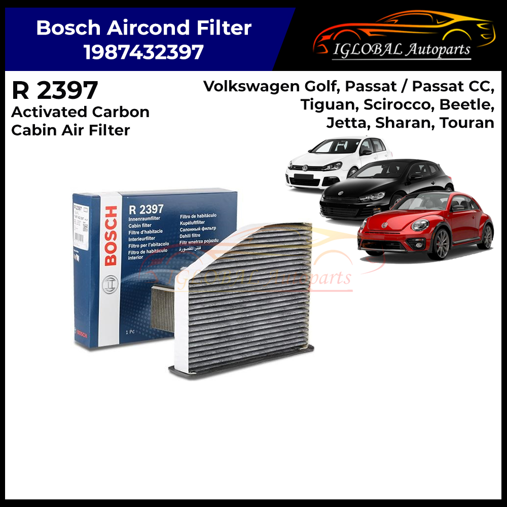 บ๊อช 1987432397 R2397 ไส้กรองอากาศห้องโดยสารคาร์บอนที่เปิดใช้งานสําหรับ Volkswagen Beetle, Golf, Jetta, Passat CC, Scirocco, Tiguan