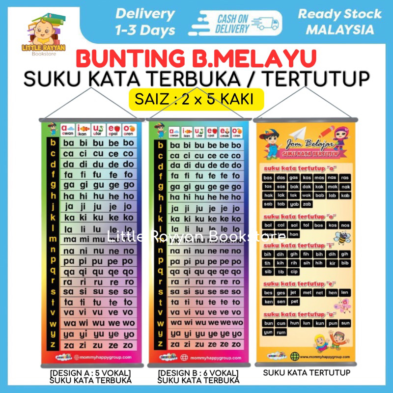 MALAY LANGUAGE BUNTING TADIKA PRASKOAH SIZE 2X5 FEET, WATERPROOF & DURABLE - OPEN WORD BREAD B