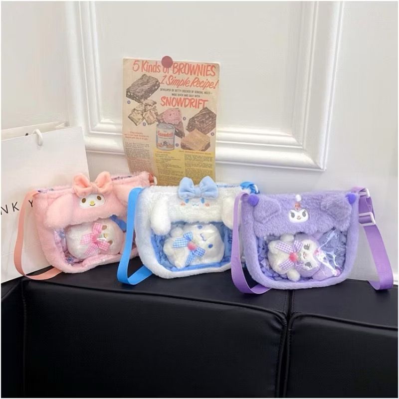 เด็กs น่ารักการ์ตูน Kuromi Melody Cinnamoroll โปร่งใส PVC Crossbody กระเป๋า Plush ของเล่น Kechain KJ