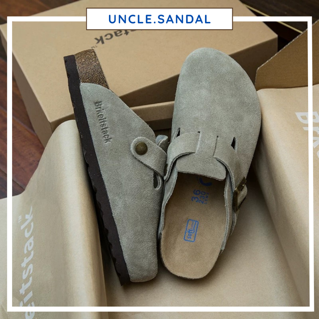 Womens Brken Boston Round Toe Leather Slip-On Buckle Slide Slipper Sandal Kasut Selipar