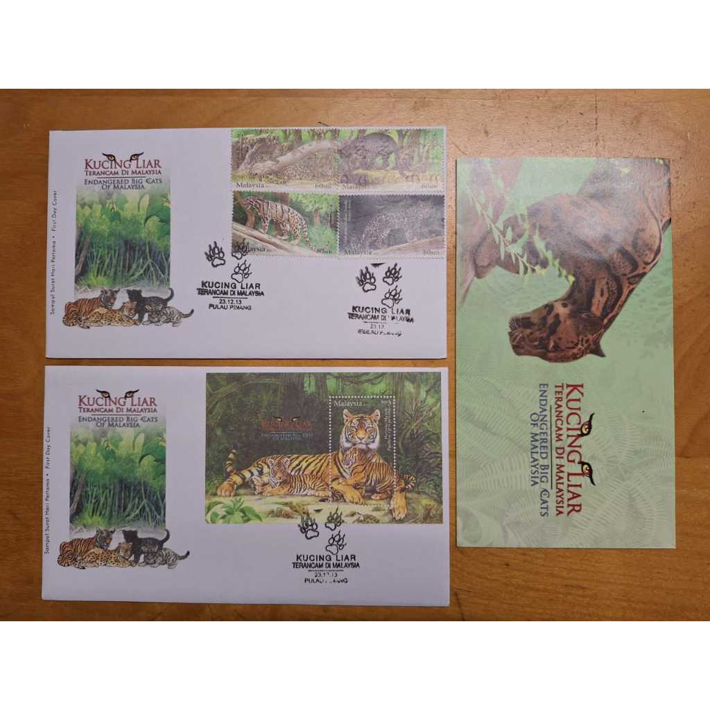 P.Pinang Cachet - 2013 Kucing Liar Tiger แมวใหญ่แมว Endangered สัตว์ MS & แสตมป์ FDC คู่ + 1 (หนึ่ง)