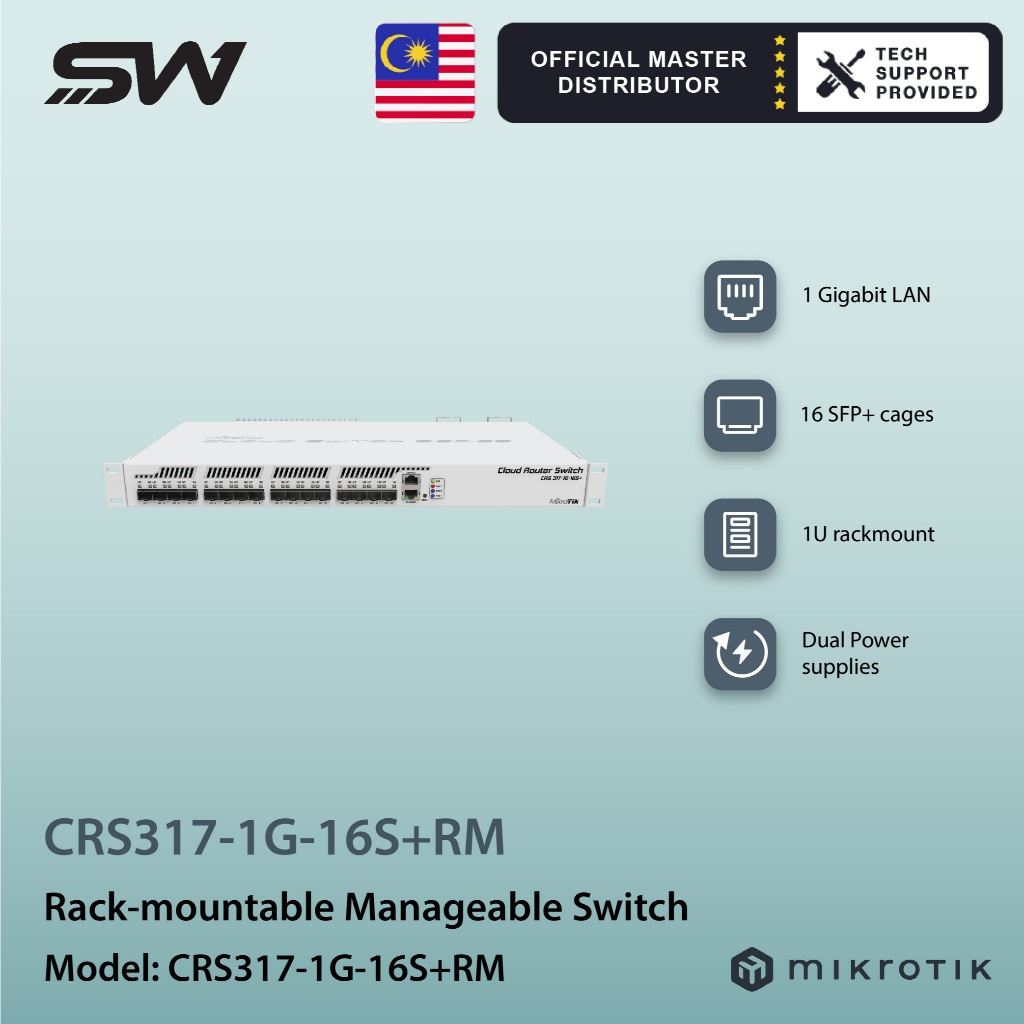MikroTik CRS317-1G-16S+RM 16-Port SFP+ สวิตช์แร็คเมาท์อัจฉริยะ
