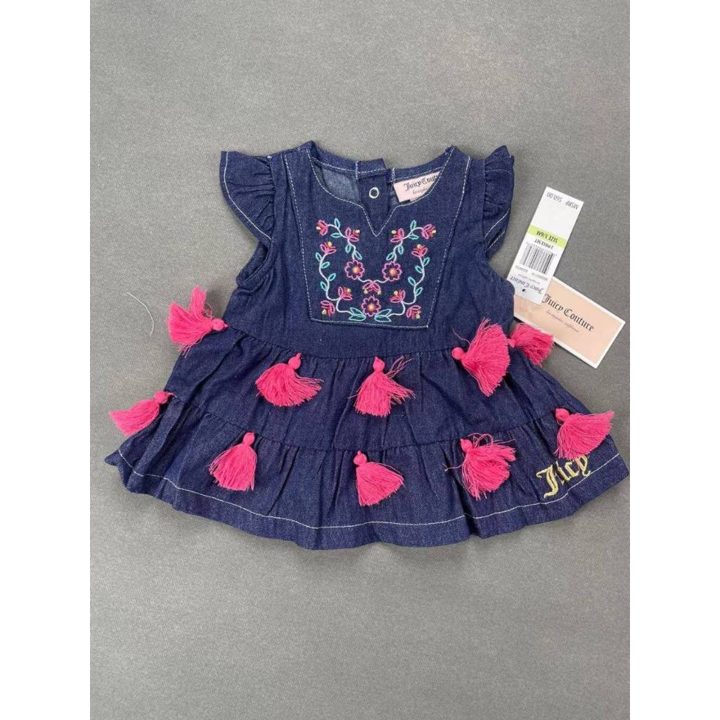 JUICY COUTURE ชุดเดรสเสื้อเบลาส์ปักลายผ้ายีนส์อ่อนสําหรับเด็กผู้หญิง