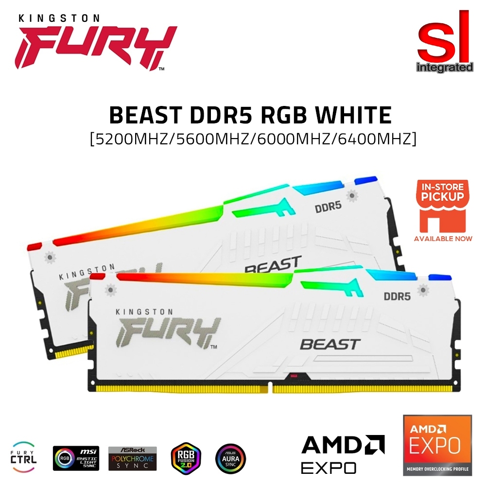 Kingston FURY Beast RGB DDR5 สีขาว (AMD EXPO) หน่วยความจําสําหรับเล่นเกมเดสก์ท็อป RAM - 5200MHz/5600
