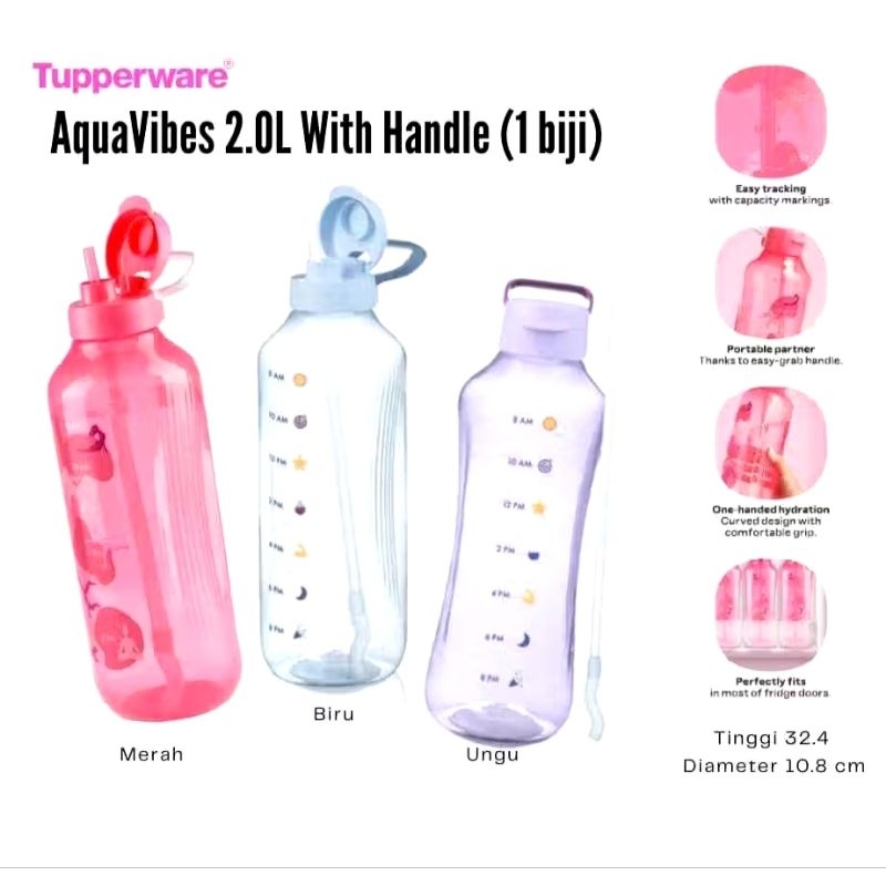 ขวด Tupperware AquaVibe 2L มีหูหิ้ว - ฟรีฟาง มิติ: D 11.0 H 30.9cm ~ติดตามง่ายพร้อมความจุ