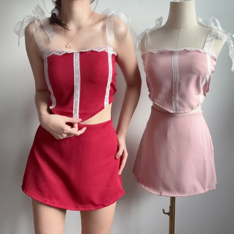 T441Trissan Silkt丝套装 Lace Tank + Skort Set Thailand Generation Jevity Sweet Sexy Tube Camisole Skort