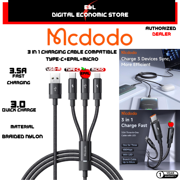 รับประกัน1Yr MCDODO 3 in 1 USB A to USB C + L + Micro USB Data Cable 1.2M CA 5790