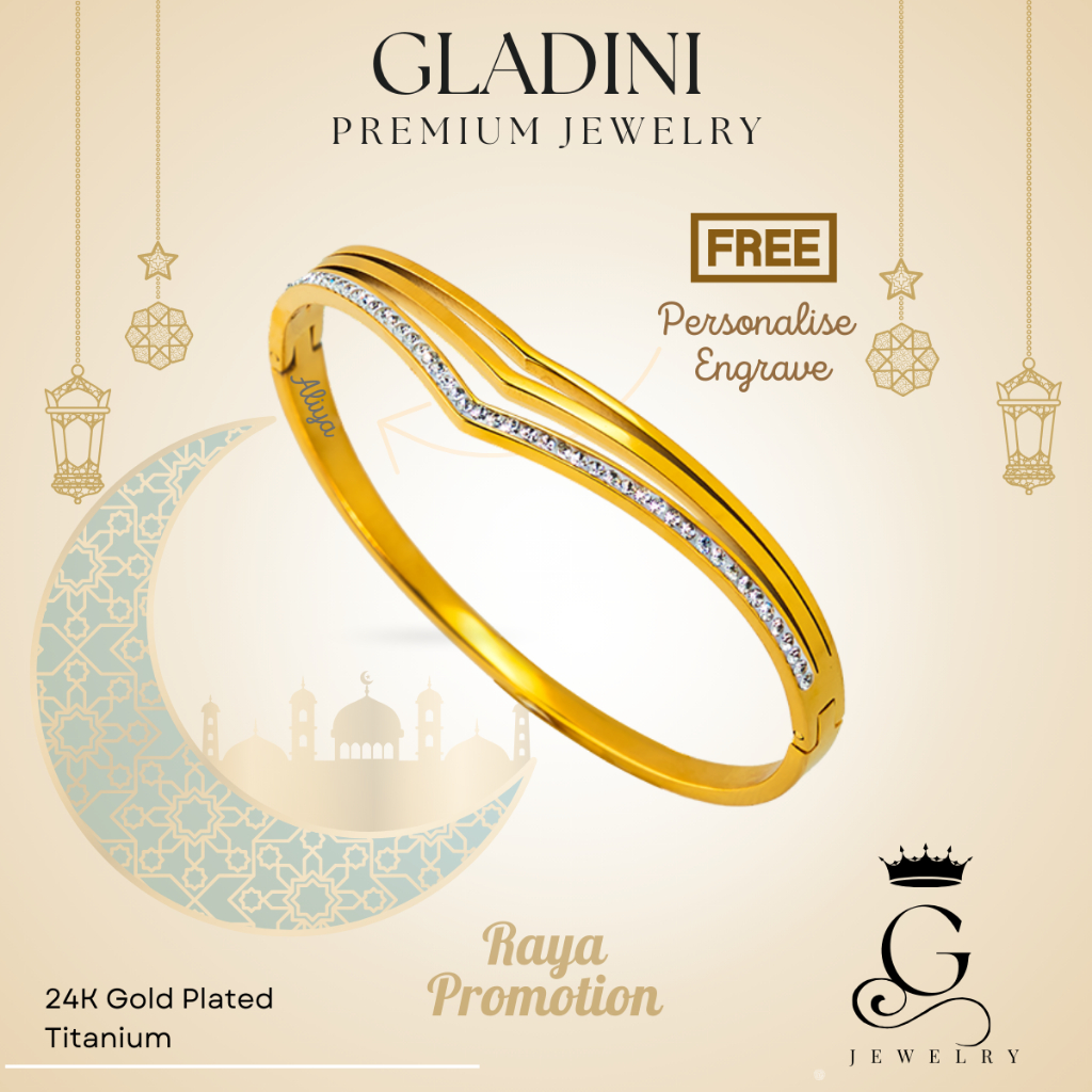 GLADINI LATINA Titanium 24K Gold Plated กําไลข้อมือ Zirconia Gelang Tangan Titanium Perempuan 100% A