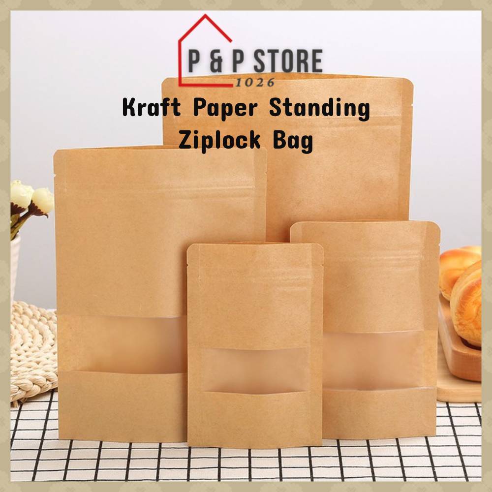 กระดาษคราฟท์ยืนกระเป๋าหน้าต่างอาหาร Ziplock บรรจุภัณฑ์ถุงกระดาษ Plastik Goodies Ziplock (50 ชิ้น)
