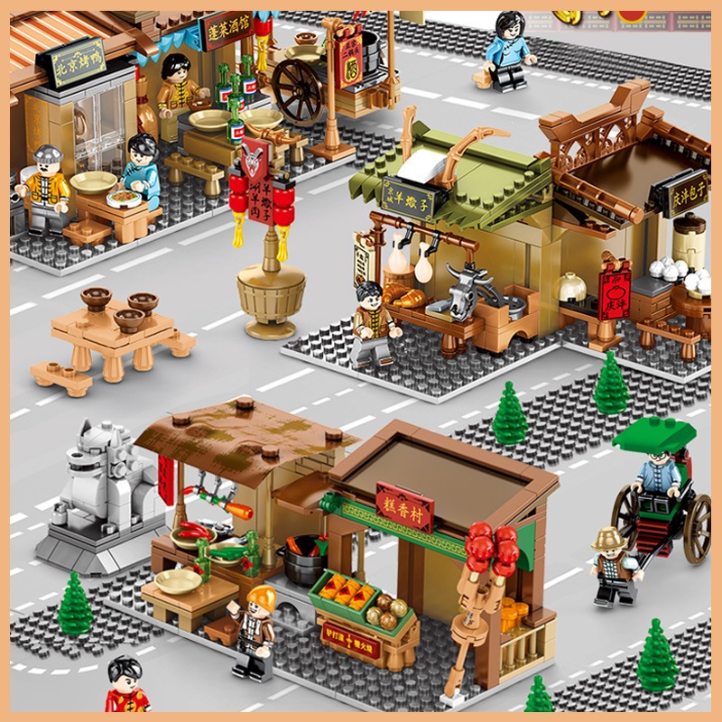 Sembo Block Mini Street Building Blocks แผงลอยอาหารถนนขนาดเล็กเก่า
