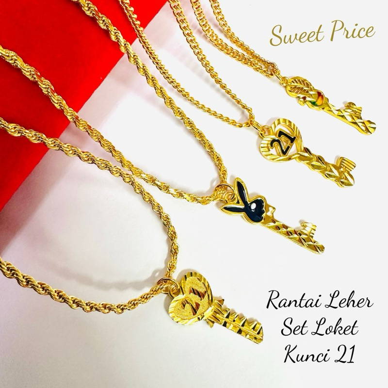 Rantai Leher 21 ชุดกุญแจ 24K Gold Plated Emas/21 Kunci ชุด 50 ซม./60 ซม. ชุดสร้อยคอ