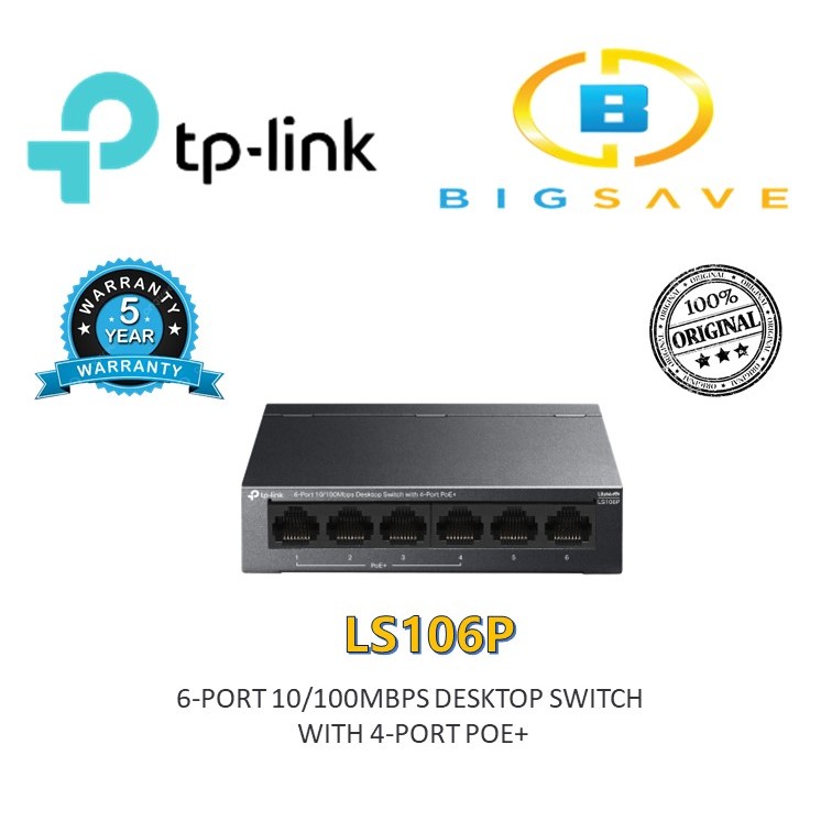 TP-LINK LS106P 6-PORT 10/100MBPS DESKTOP SWITCH พร้อม POE 4-PORT+