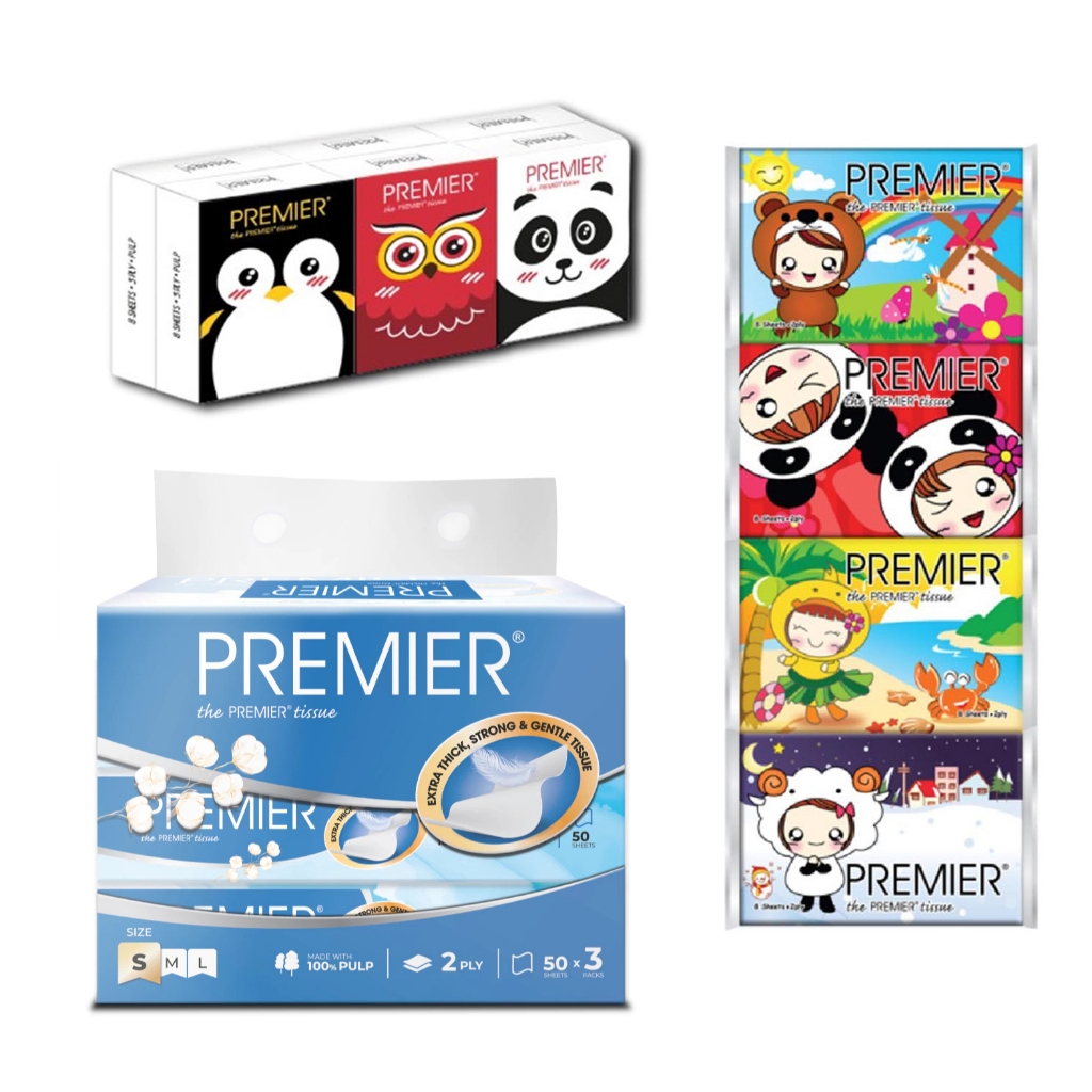 PREMIER Hanky Pack 3 PLY ( 6 แพ็ค x 8s ) / กระดาษทิชชูพกพา 2 ชั้น ( 16 แพ็ค x 8s ) / Travel Pack 2PL