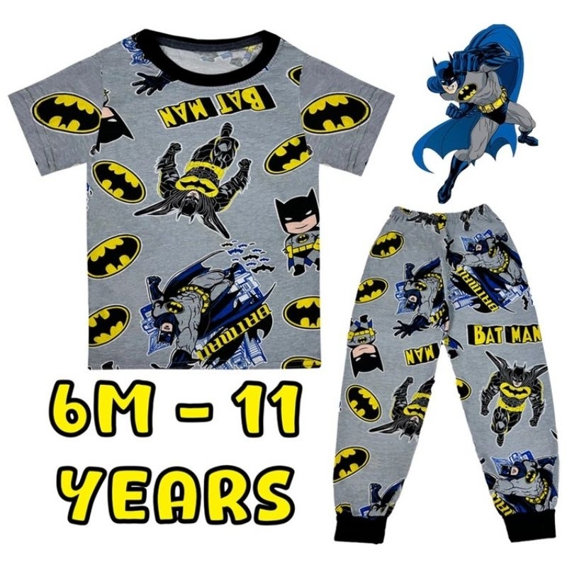 BAJU TIDUR/ SLEEPWEAR/ PIJAMA (6M-11Y) สีเทา BATMAN Sedondon Full Cotton Kids Boys Pakaian