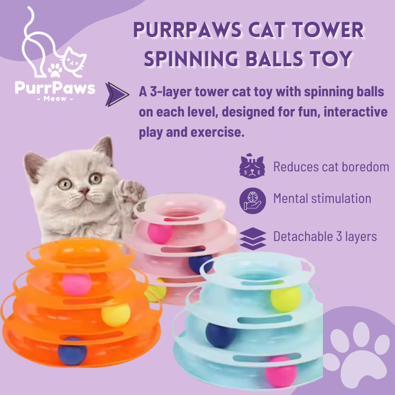PurrPaws Cat Tower Spinning Balls Toy 3 ชั้น Tower Toys Mainan Kucing 猫玩具