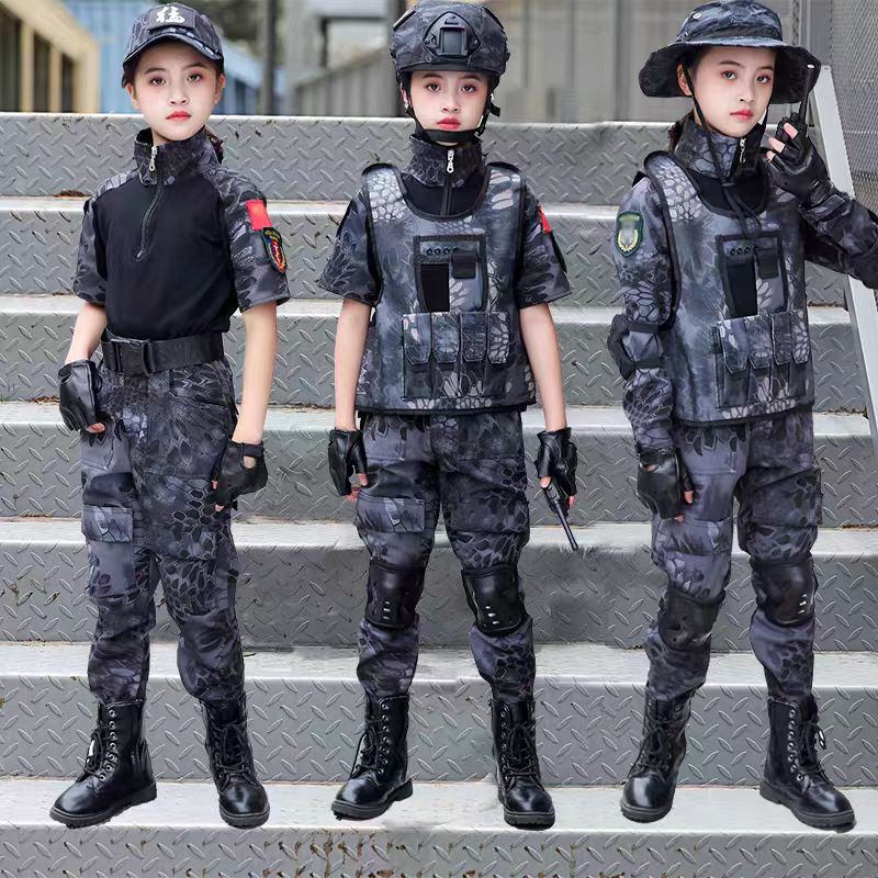 เด็กพรางทหารฝึกกบสูทสูทกองกําลังพิเศษแขนสั้นเด็กชายและเด็กหญิงสีดําหลาม เพอฟอร์มา