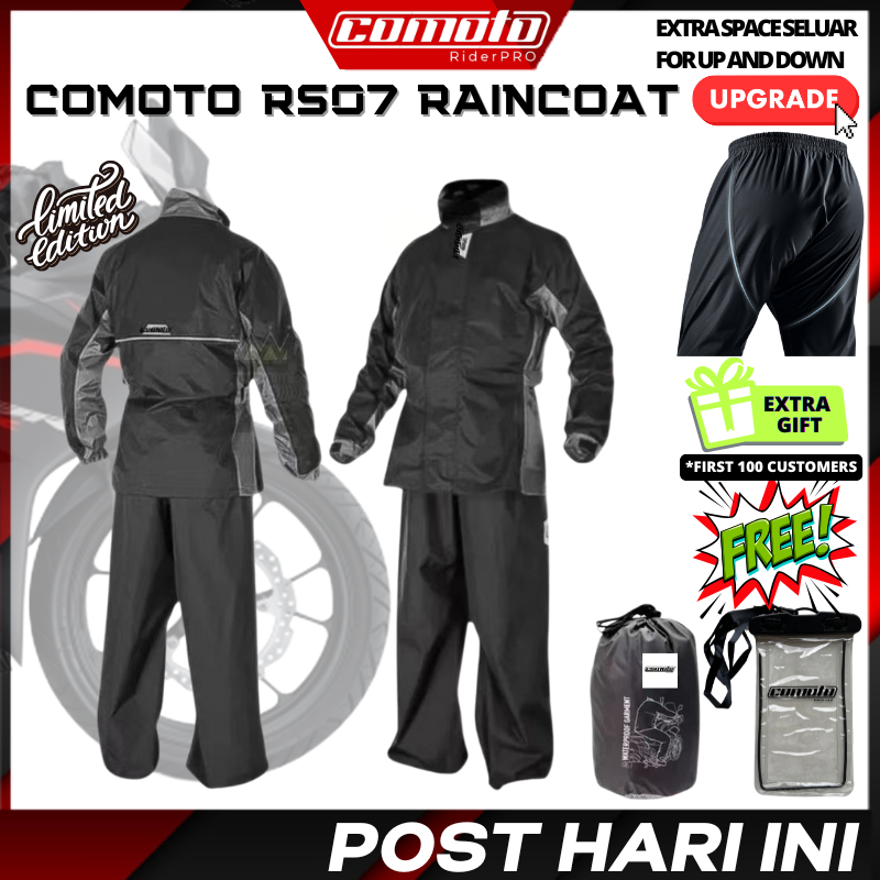 COMOTO RS07 RSS 07 RIDER TECH ชุดกันฝนสีดําสีเทา BAJU HUJAN S - 5XL 8XL 10XL ฟรีกระเป๋า