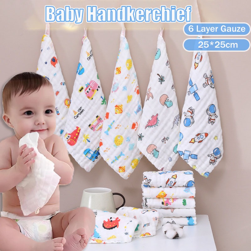 25*25 ซม. 6 ชั้นผ้ากอซผ้าเช็ดหน้าเด็กผ้าฝ้ายนุ่มผ้าเช็ดตัวทารกแรกเกิด Saku Tangan