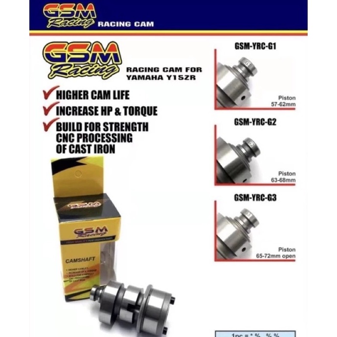 GSM CAM RACING เพลาลูกเบี้ยว G1 / G2 / G3 / G4 / G5 Y15 / LC / FZ 135LC LC135 Y15ZR