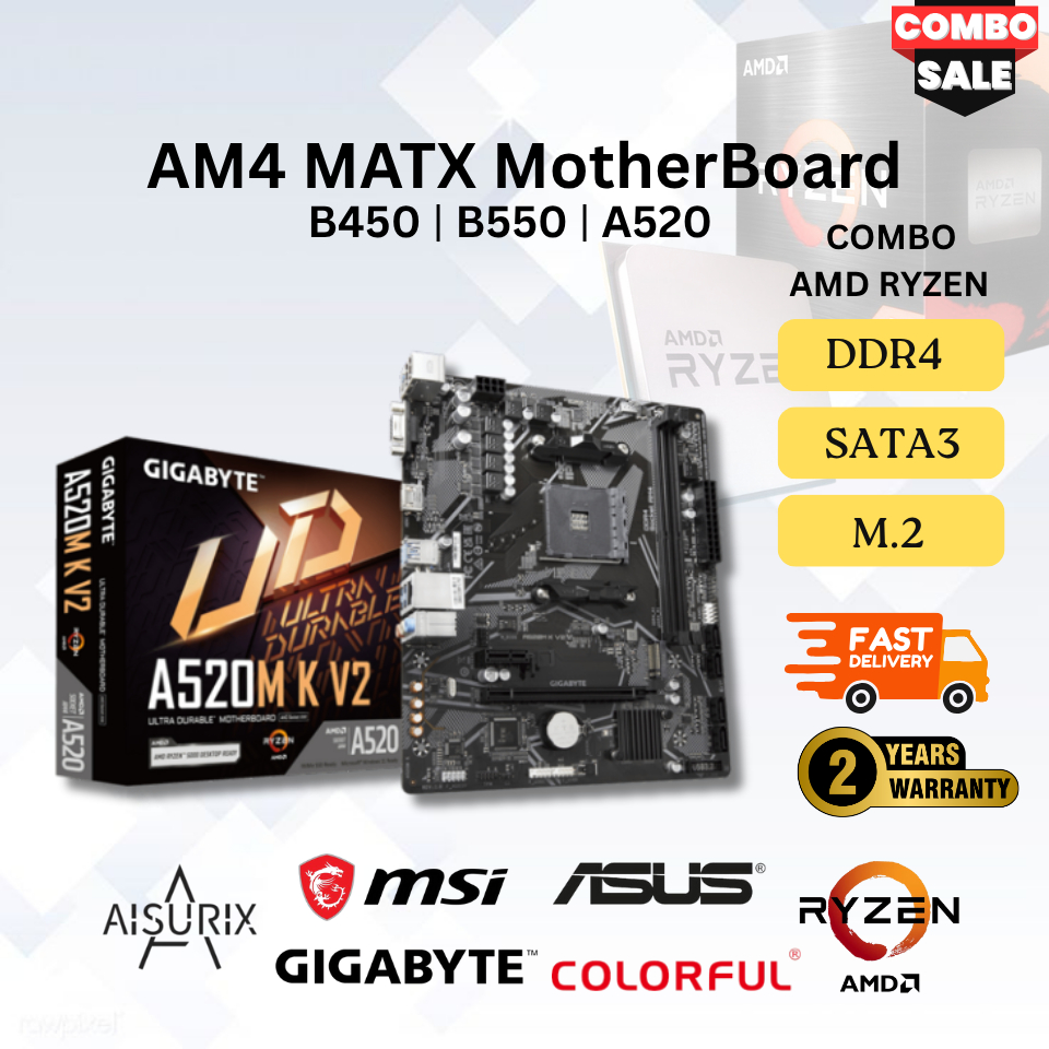 AM4 MATX MOTHERBOARD COMBO AMD RYZEN B450/B550/B650/A520 DDR4 AISURIX/ MSI/ COLORFUL/ GIGABYTE