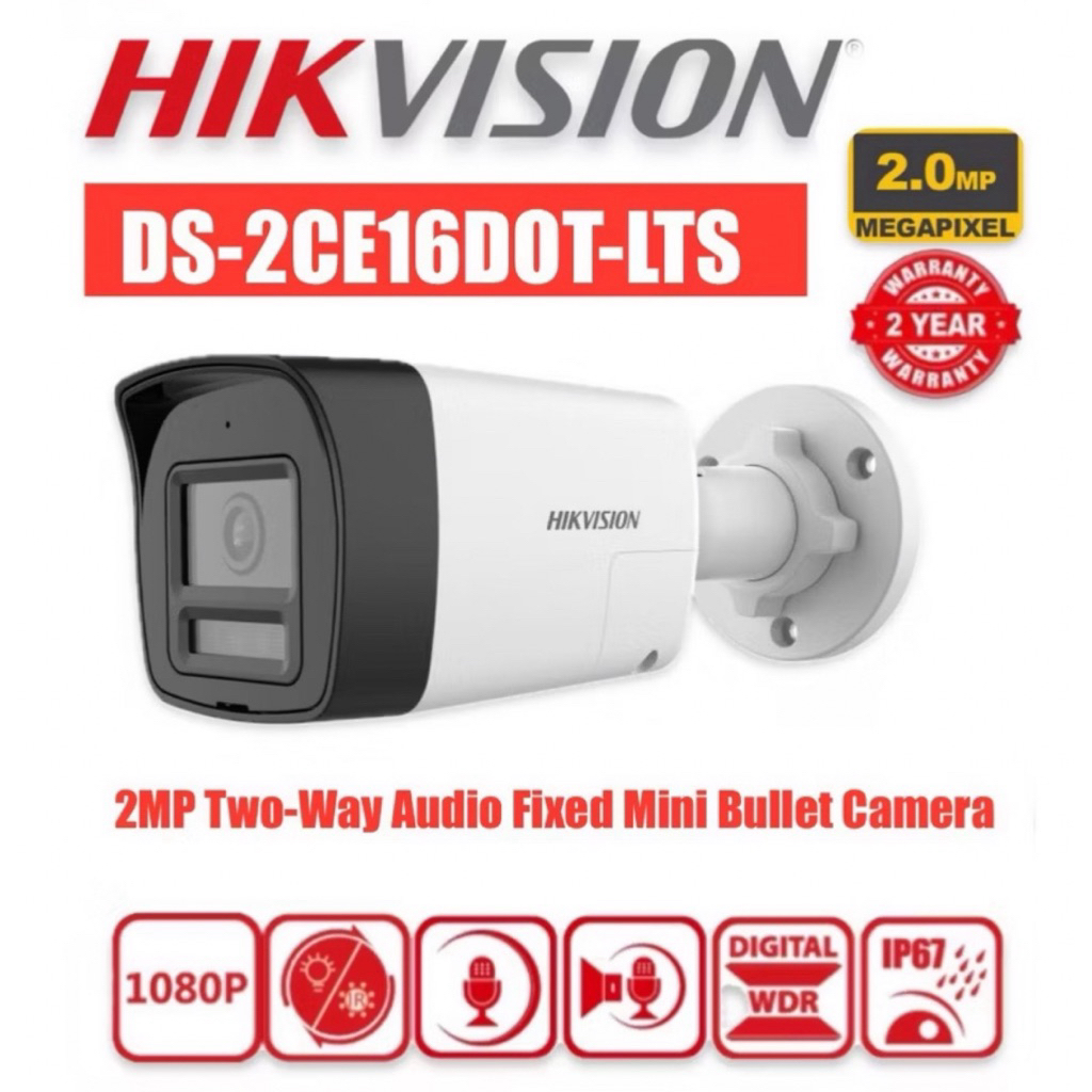 HIKVISION กล้องวงจรปิด DS-2CE16D0T-LTS 2MP Two Way Audio Fixed Mini Bullet Camera 2.8MM