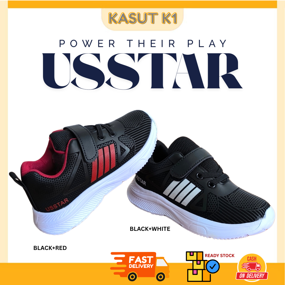 (KASUTK1) รองเท้ากีฬา Kasut Sukan Kanak2/Kids-Lembut Velcro Selesa-E4596,E4597(ดํา+แดง,ดํา+ขาว)-Powe